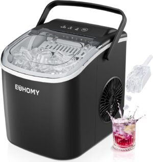 EUHOMY - Máquina de hacer hielo encimera con asa, portátil con cesta y cuchara, autolimpiante, produce 26 lb en 24 h, 9 cubos de hielo listos en 6 min