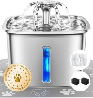 Veken Fuente de agua de acero inoxidable para gatos, fuente automática de agua para mascotas, dispensador de agua para perros con filtros de repuesto y alfombrilla de silicona para gatos, perros,