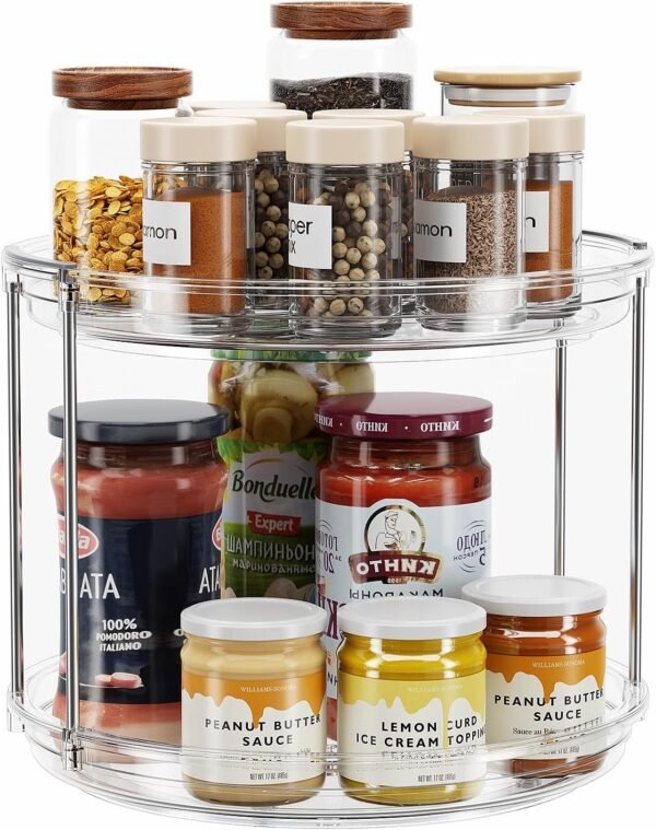 71fghP75Q2L._AC_SL1500_ LAMU Lazy Susan - Organizador giratorio de 2 niveles de 9.25 pulgadas para gabinete, cocina, despensa, encimera, baño, tocador, organizador de botiquín, transparente