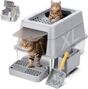 71xUqo9kEQL._AC_SL1500_ Caja de arena de acero inoxidable con tapa, caja de arena de metal cerrada XL con tapa abatible para gatos grandes, caja extra grande cubierta de cara alta para gatos, cuchara, antiadherente, fácil