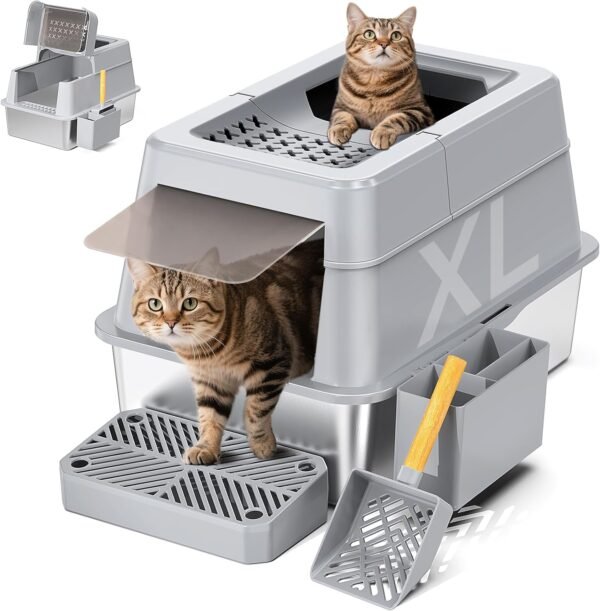 Caja de arena de acero inoxidable con tapa, caja de arena de metal cerrada XL con tapa abatible para gatos grandes, caja extra grande cubierta de cara alta para gatos, cuchara, antiadherente, fácil