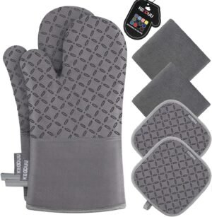 KEGOUU Juego de 6 manoplas para horno y soportes para ollas, guantes para horno de cocina, resistentes al calor, 500 grados, extra largos, agarraderas y agarraderas con superficie de silicona