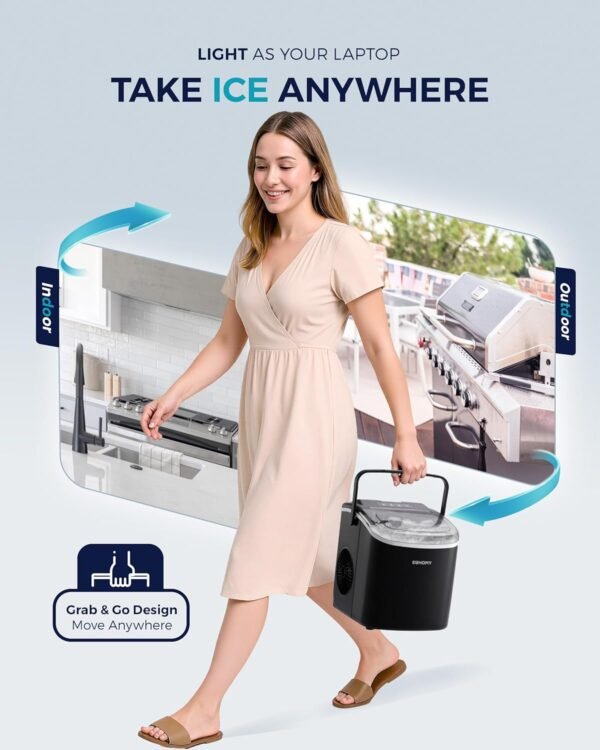 EUHOMY - Máquina de hacer hielo encimera con asa, portátil con cesta y cuchara, autolimpiante, produce 26 lb en 24 h, 9 cubos de hielo listos en 6 min
