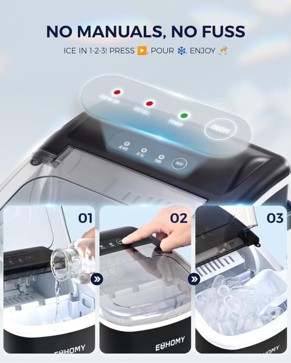 EUHOMY - Máquina de hacer hielo encimera con asa, portátil con cesta y cuchara, autolimpiante, produce 26 lb en 24 h, 9 cubos de hielo listos en 6 min